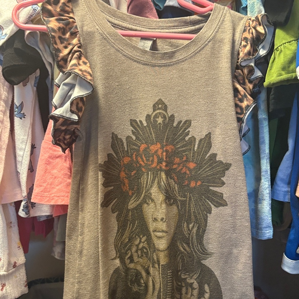 Next Kids Tan Tee with Graphic and Leopard Ruffle Sleeves